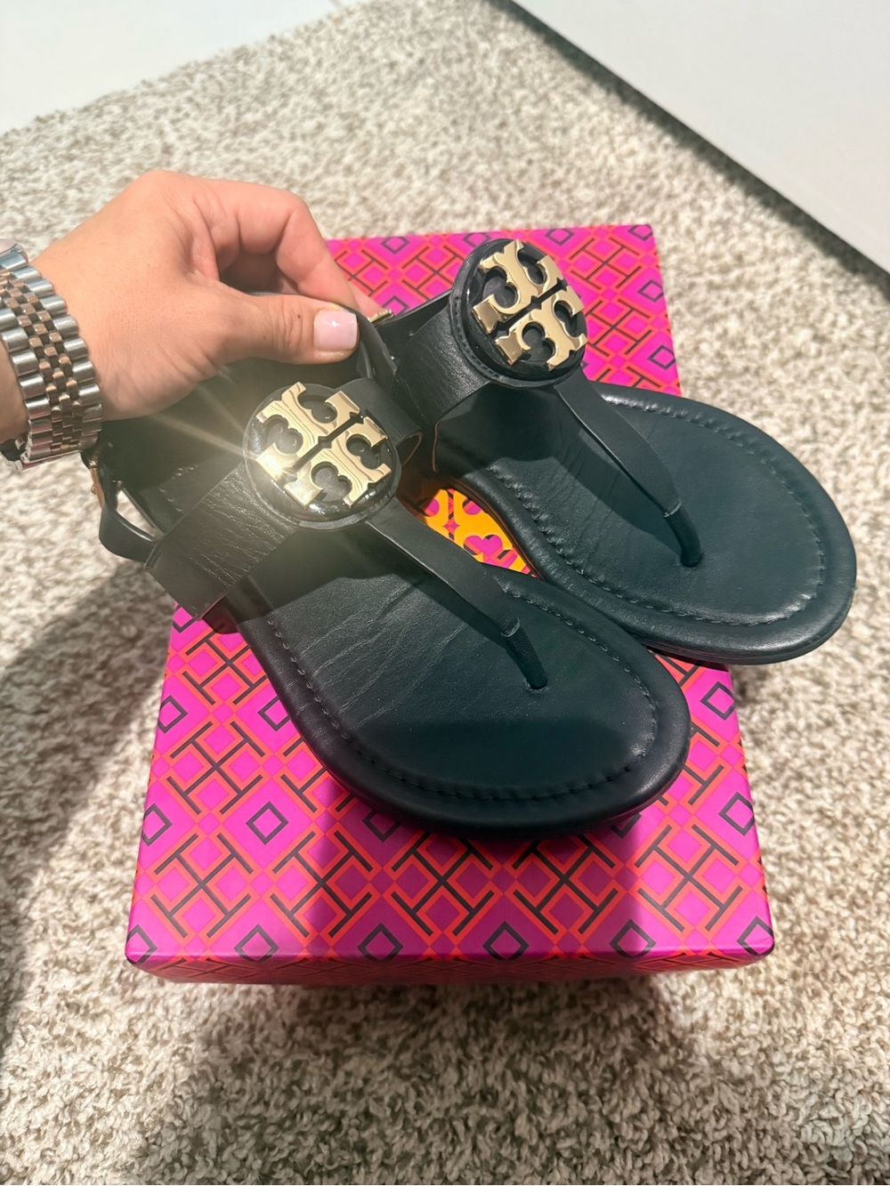 Tory Burch Black Leather Thong Sandals with Gold Logo